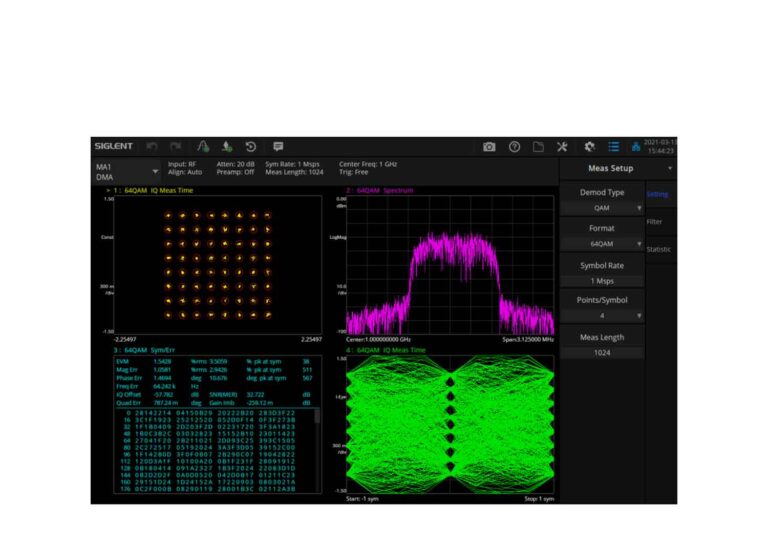 Modulation Analysis Mode : AM/FM/PM analogue modulation, and ASK/FSK/PSK/MSK/QAM vector modulation analysis